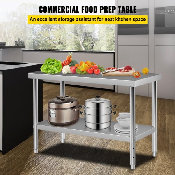 VEVOR stainless steel prep table with various vegetables on top and kitchen appliances below.