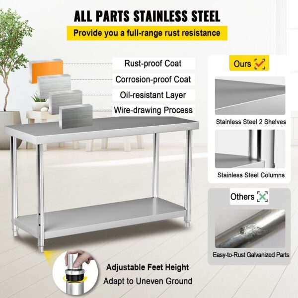 VEVOR stainless steel prep table with dual shelves, rust-proof, adjustable feet, and corrosion-resistant.