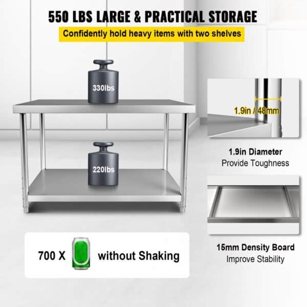 VEVOR stainless steel prep table with two shelves, holds 550 lbs, 1.9in diameter legs, 15mm density board.