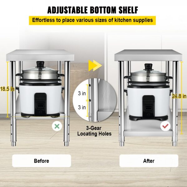 VEVOR stainless steel prep table with adjustable bottom shelf showcasing before and after height settings.