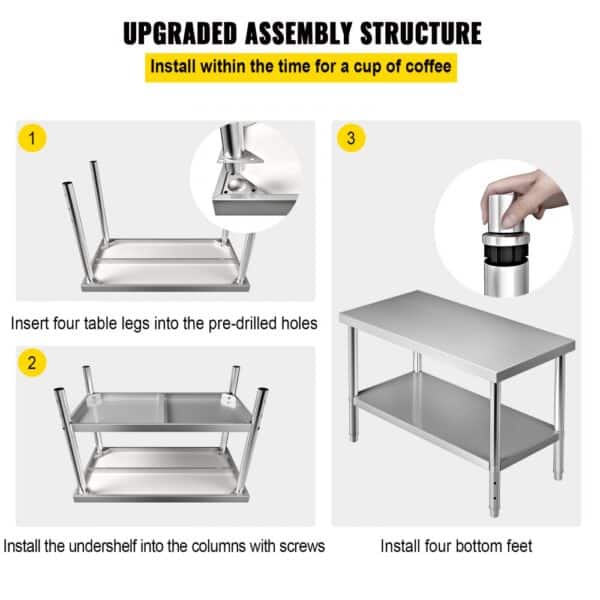 VEVOR stainless steel prep table assembly steps: insert legs, attach undershelf, install bottom feet.