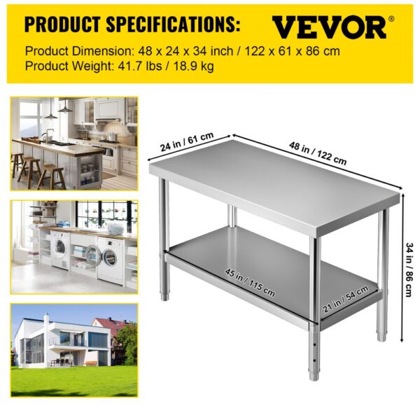 VEVOR stainless steel prep table, 48x24x34 inches, shown in kitchen, laundry, and outdoor settings.