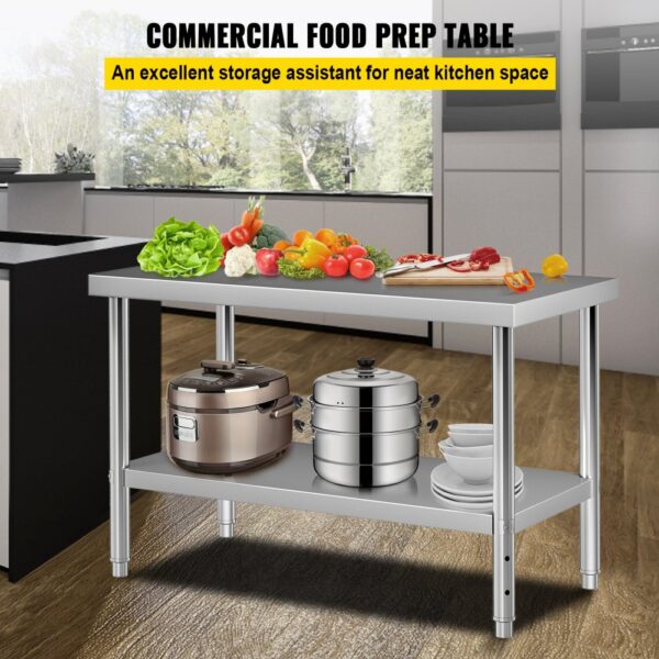 VEVOR stainless steel prep table with vegetables, rice cooker, steamer, and bowls in modern kitchen.