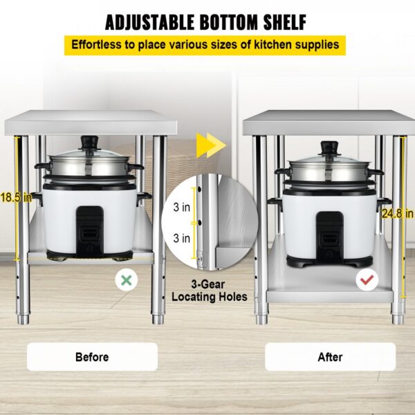 VEVOR stainless steel prep table with adjustable bottom shelf showcasing before and after height settings.