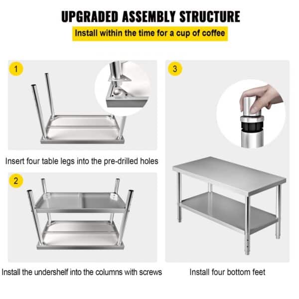 VEVOR stainless steel prep table assembly steps: insert legs, install undershelf, and attach feet.