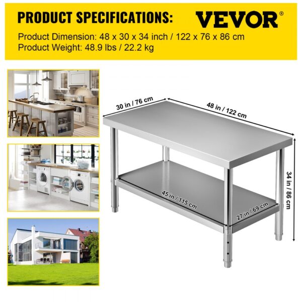 VEVOR stainless steel prep table with dimensions 48x30x34 inches, for kitchens, laundry rooms, and more.