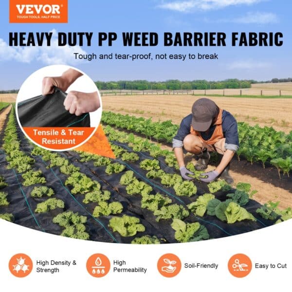 VEVOR weed barrier fabric in a vegetable garden with a farmer and key features highlighted.