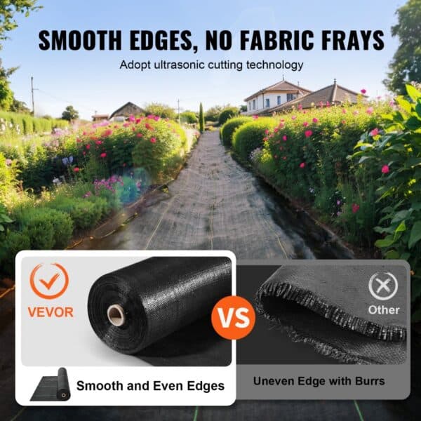 smooth path with VEVOR weed barrier fabric and blooming garden, showcasing smooth edges vs fabric frays.