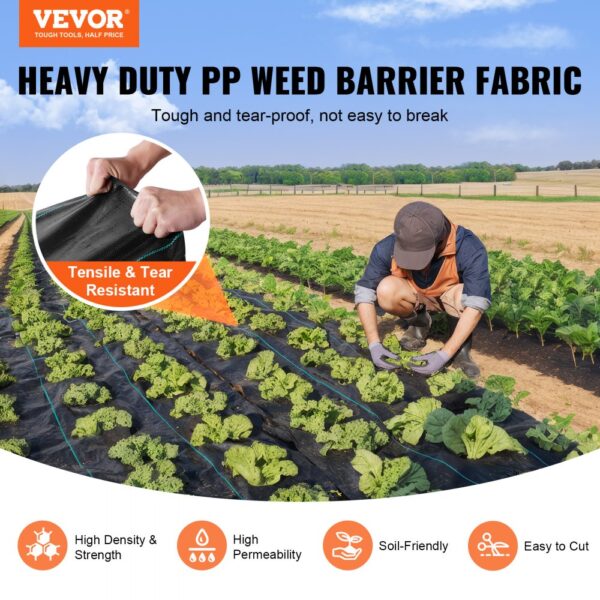 VEVOR weed barrier fabric in a vegetable garden, showcasing tensile strength and tear resistance features.