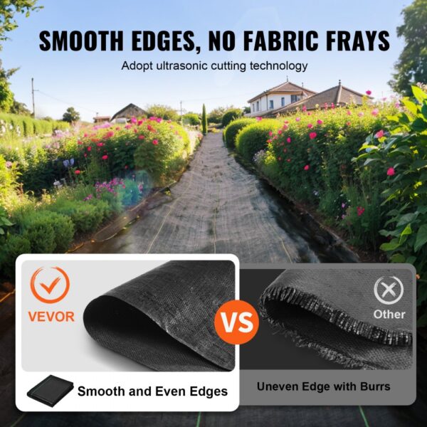 VEVOR weed barrier fabric laid on a garden path, showcasing smooth edges vs. uneven edges with burrs.