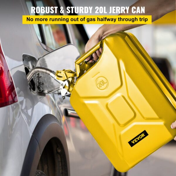 refilling car with yellow VEVOR jerry fuel can. caption reads: "robust & sturdy 20l jerry can".