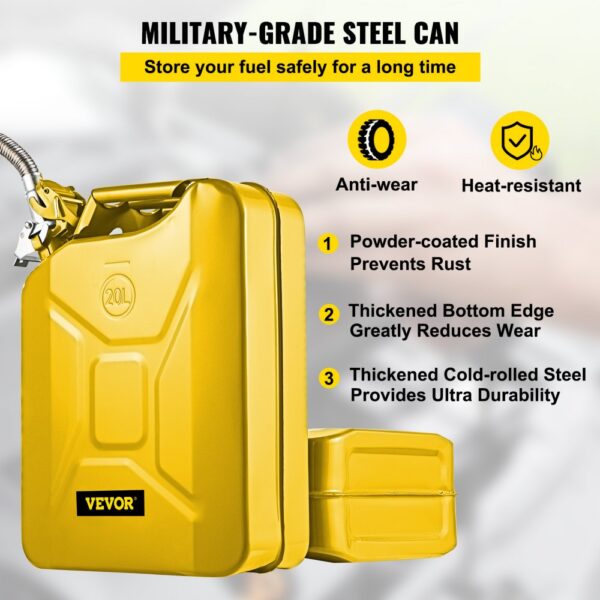 yellow VEVOR jerry fuel can, 20l, military-grade steel, anti-wear, heat-resistant, rust-prevention.