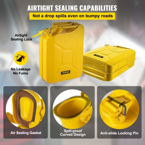 yellow VEVOR jerry fuel can with airtight sealing lock, air sealing gasket, spill-proof design, and locking pin.