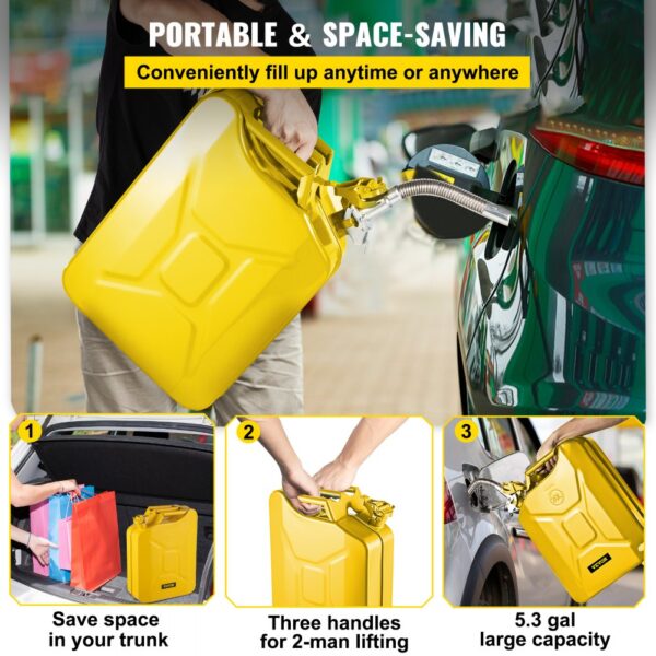 yellow VEVOR jerry fuel can filling a car, saving trunk space, and offering large 5.3-gal capacity.