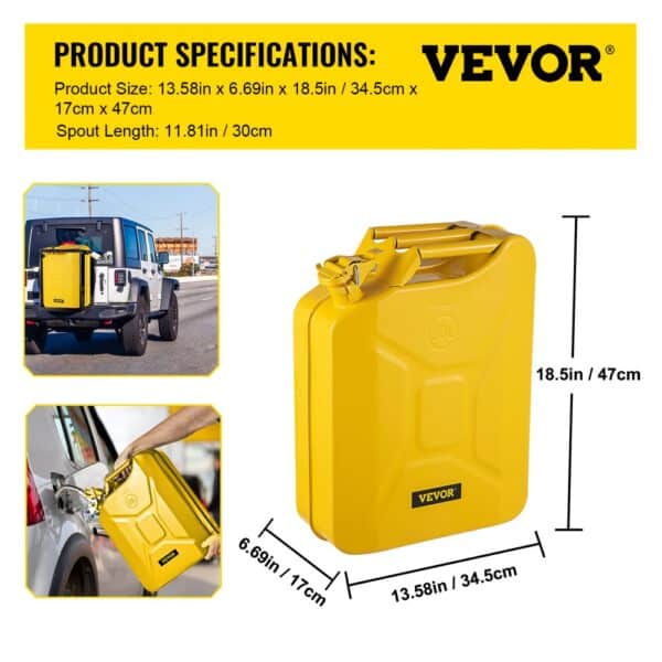 VEVOR jerry fuel can in yellow, pictured on a jeep and fueling a car, with dimensions listed.