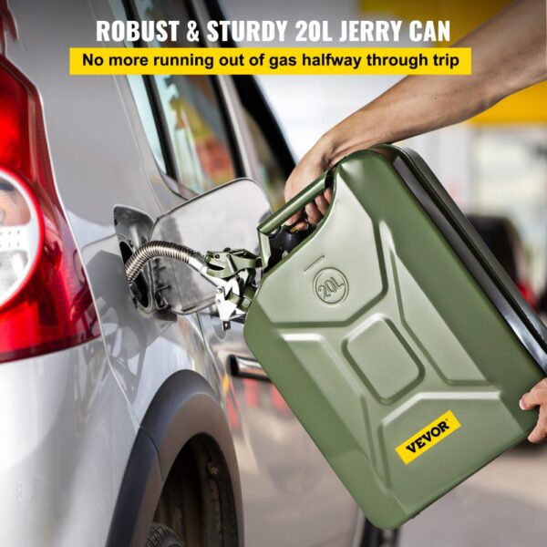 hand pouring fuel into a car from a robust green VEVOR jerry fuel can (20l) with flexible spout.