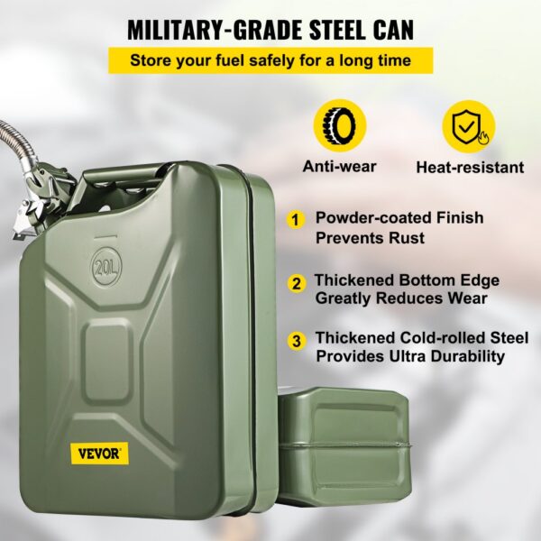 military-grade steel, 20l VEVOR jerry fuel can with powder-coated finish for anti-wear and heat resistance.