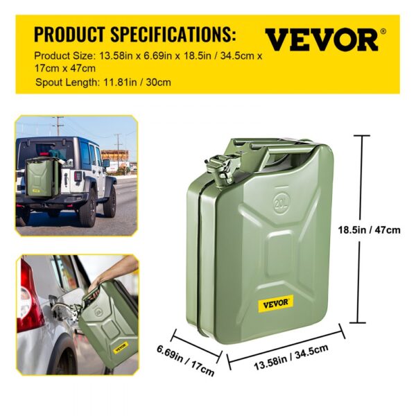 VEVOR jerry fuel can with product specifications and uses on vehicle and refueling.