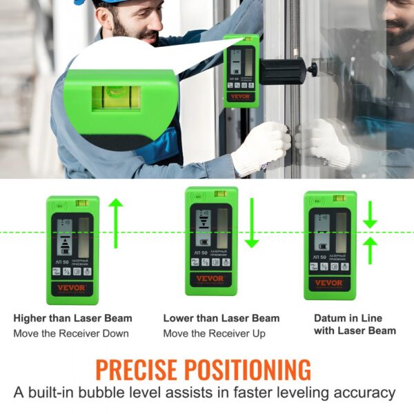 VEVOR laser level receiver demonstrating precise positioning with bubble level.