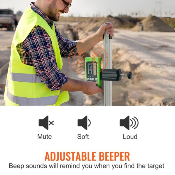 man in yellow safety vest using VEVOR laser receiver with an adjustable beeper at a construction site.