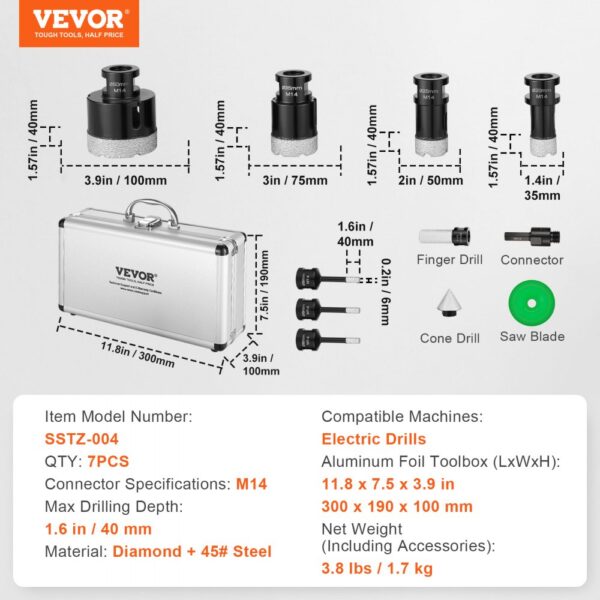 VEVOR Diamond Core Drill Bit Set, 7 PCS 6/6/6/20/25/35/50mm Diamond Hole Saw Kit, with Finger Milling Bit Cone Bit Saw Blade and Storage Case for Dry and Wet, Diamond Drill Bits for Tile Ceramic