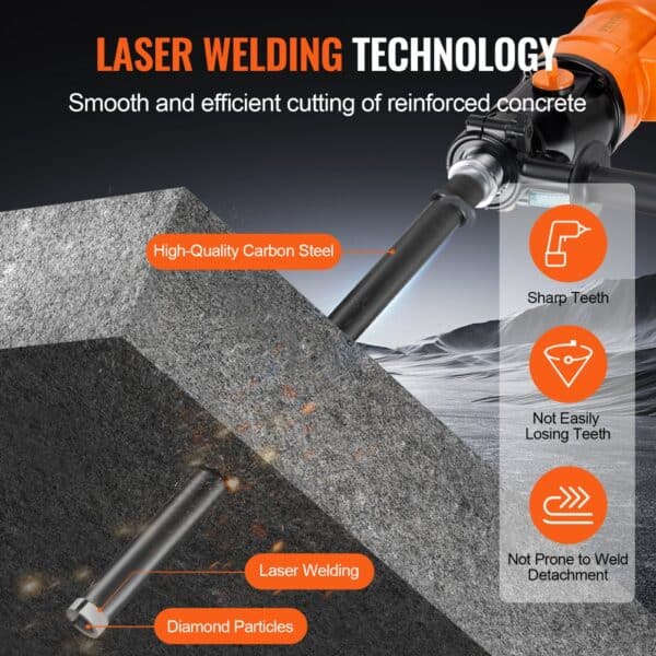 VEVOR wet diamond core drill bit showcasing high-quality carbon steel and laser welding technology.