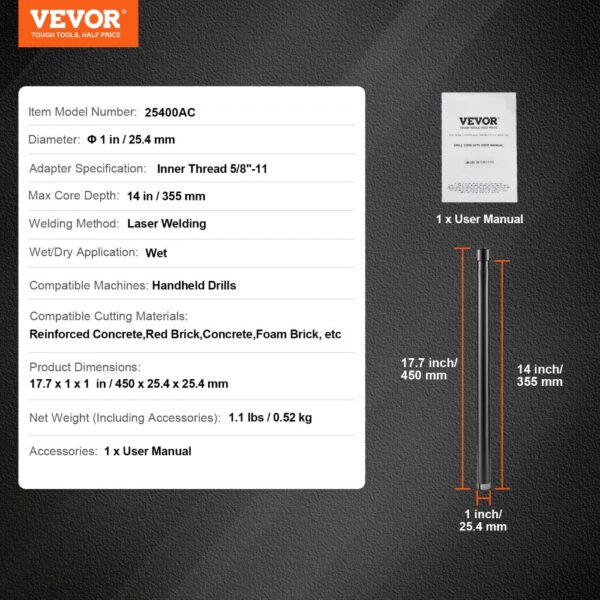 VEVOR wet diamond core drill bit specifications: 1-inch diameter, 14-inch core depth, for handheld drills.