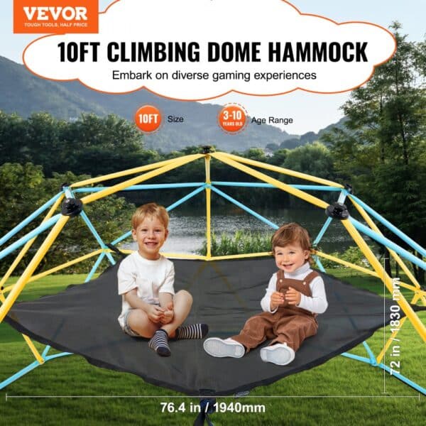 VEVOR dome climber hammock with kids sitting, set in a scenic outdoor park.