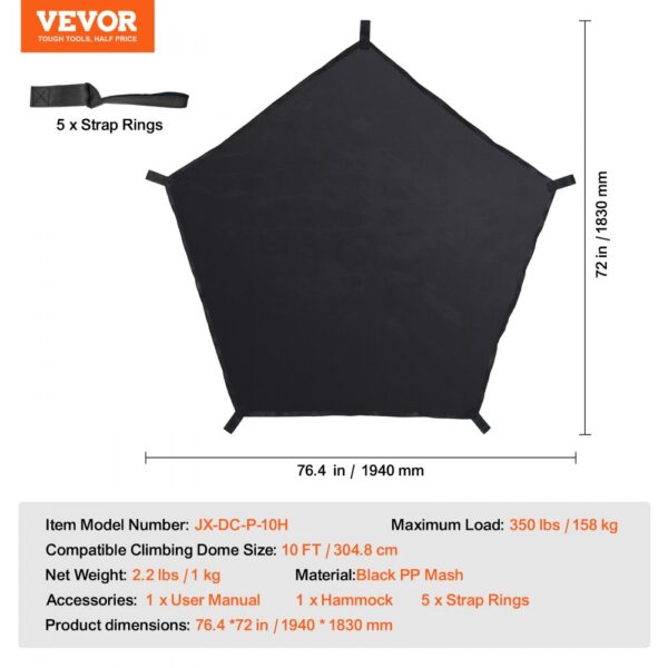 VEVOR black hammock with strap rings, measures 76.4x72 inches for 10 ft climbing domes.