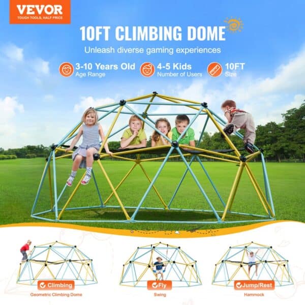 VEVOR climbing dome: 10ft geometric structure for 4-5 children aged 3-10 in a grassy park.