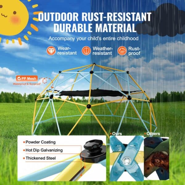 VEVOR climbing dome in a sunny and rainy field, showcasing rust-resistant and weatherproof features.