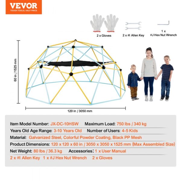 VEVOR climbing dome, 3-10 years, 750 lbs max load, 120x120x60 in, gloves, allen key, hex nut wrench.