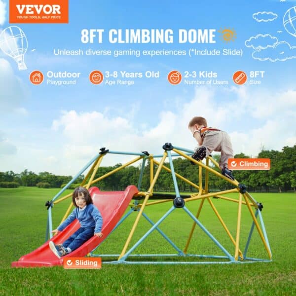 VEVOR Climbing Dome, 8FT Geometric Dome Climber with Slide, for Kids 3 to 9 Years Old, Jungle Gym Supports 600LBS and Easy Assembly, with Climbing Grip, Outdoor and Indoor Play Equipment for Kids