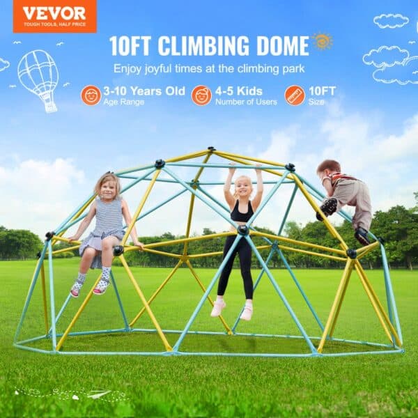 VEVOR climbing dome for kids aged 3-10, with three children playing on a 10ft structure in a park.