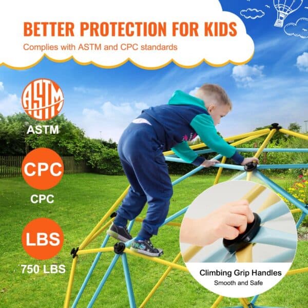 child climbing on the VEVOR climbing dome in a grassy yard, highlighting astm and cpc standards compliance.