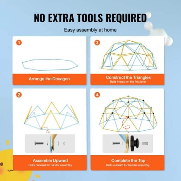 VEVOR climbing dome simple assembly steps guide: arrange decagon, construct triangles, assemble upward, complete top.