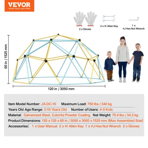 VEVOR climbing dome for 3-10 years old, 4-5 kids, 120x120x60 in, galvanized steel, accessories included.