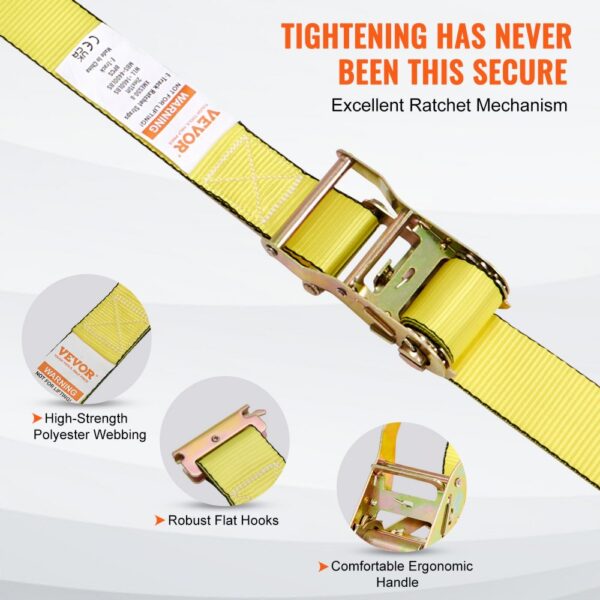 VEVOR ratchet tie down straps featuring high-strength polyester webbing, flat hooks, and ergonomic handle.