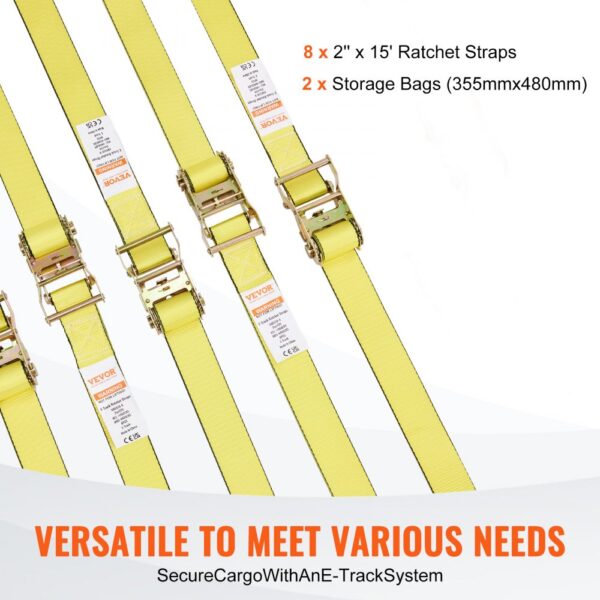 VEVOR ratchet tie down straps with hooks, 8 yellow 2"x15' straps, 2 orange storage bags.