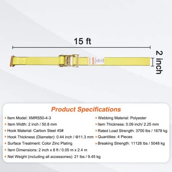 yellow 15 ft VEVOR ratchet tie down strap, 2 inches wide, with product specifications listed below.