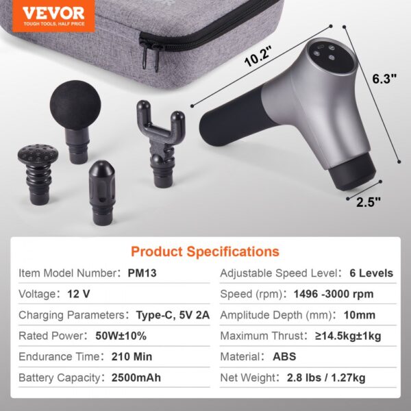 VEVOR Massage Gun Deep Tissue Percussion Muscle Massager with 6 Speeds 4 Heads