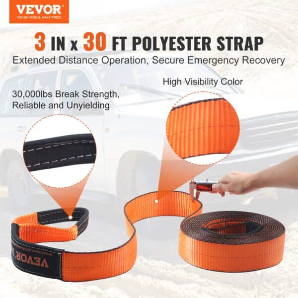 VEVOR off-road recovery kit with 30 ft polyester strap, 30,000lbs break strength, high visibility orange.