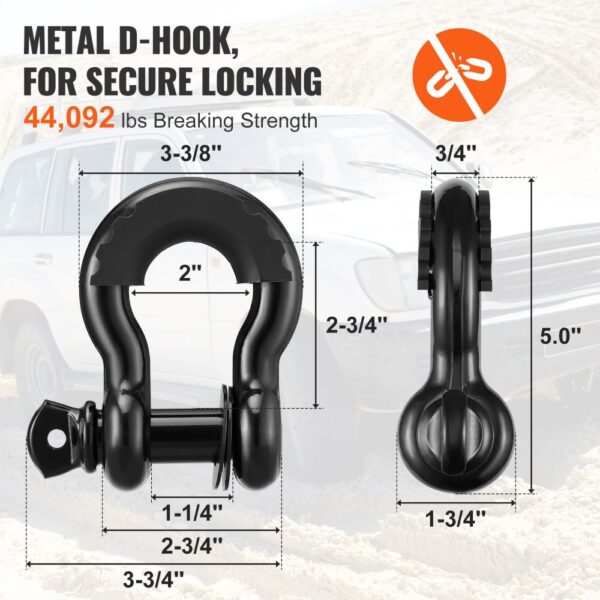 metal d-hook for secure locking, 44,092 lbs breaking strength, VEVOR off-road recovery kit.