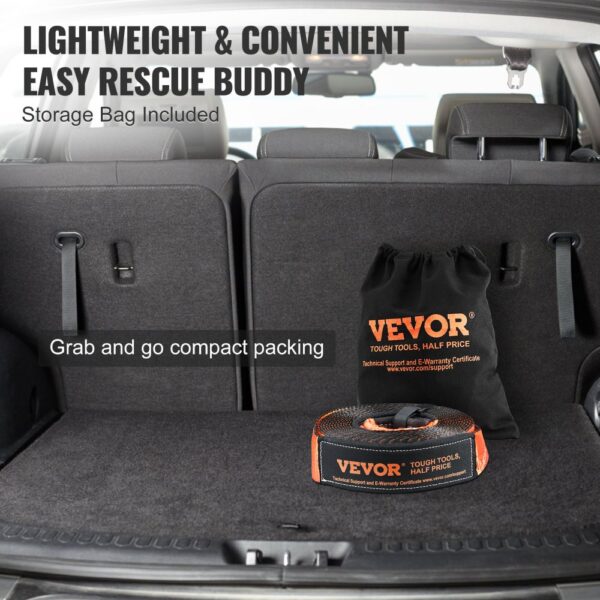 VEVOR off-road recovery kit in car trunk with storage bag and towing strap, lightweight and compact.