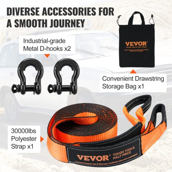 VEVOR off-road recovery kit with metal d-hooks, polyester strap, and drawstring storage bag.