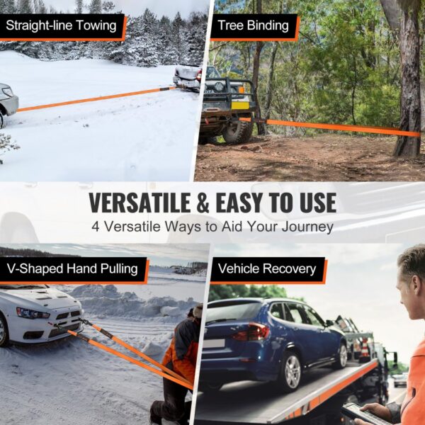 VEVOR off-road recovery kit showcasing straight-line towing, tree binding, v-shaped hand pulling, and vehicle recovery.