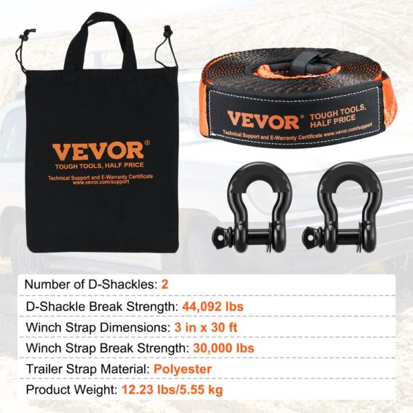 VEVOR off-road recovery kit with d-shackles, winch strap, and a black carrying bag.