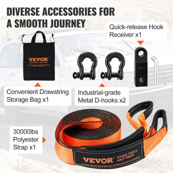 VEVOR off-road recovery kit with storage bag, d-hooks, hook receiver, and polyester strap.