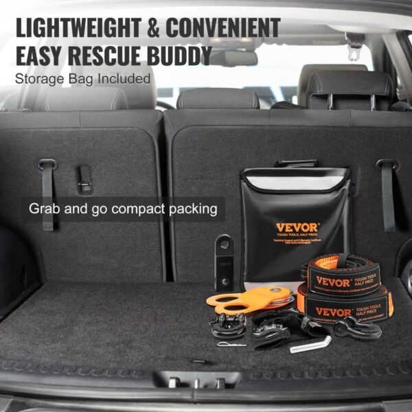 VEVOR off-road recovery kit in the trunk with storage bag, tow straps, and accessories.