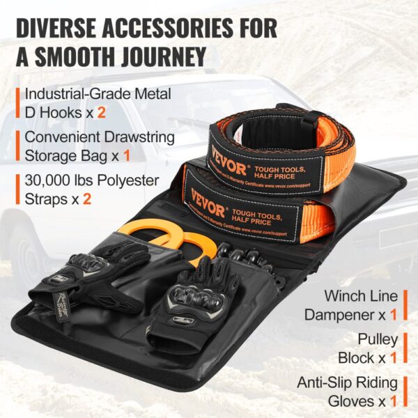 VEVOR off-road recovery kit with straps, gloves, hooks, and storage bag for a smooth journey.